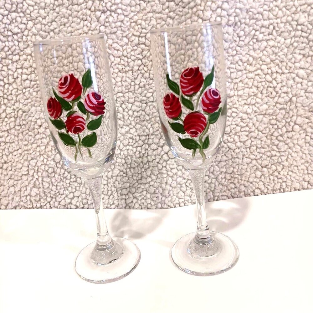 8" Hand Painted Wine Glasses – Roses – Romantic Set of 2 - Picture 6 of 8